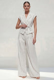 White Cap Sleeves 2 Piece Notched Lapel Striped Business Suits with Pockets