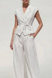 White Cap Sleeves 2 Piece Notched Lapel Striped Business Suits with Pockets