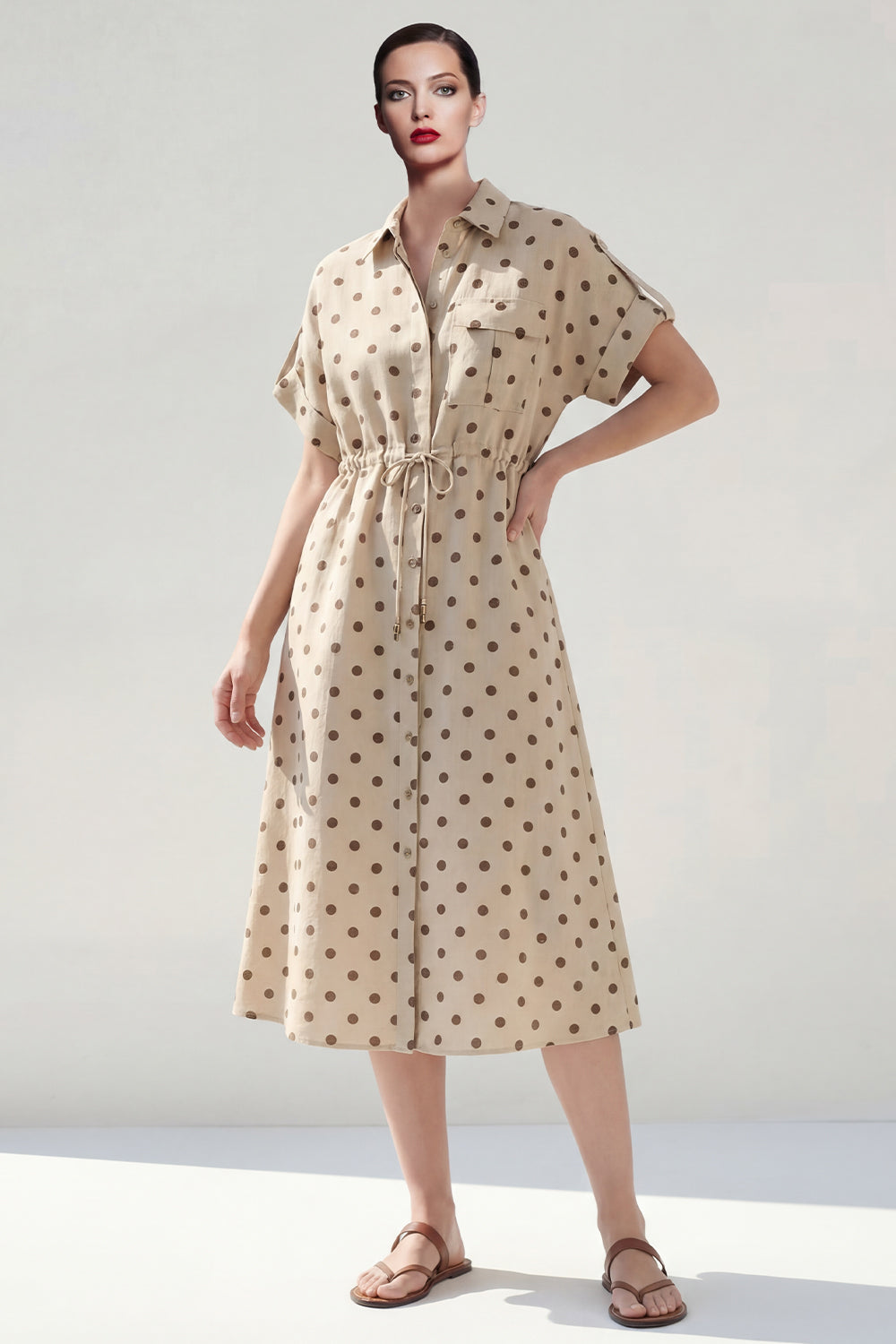 Khaki Polka Dots Short Sleeves Single Breasted Work Dress