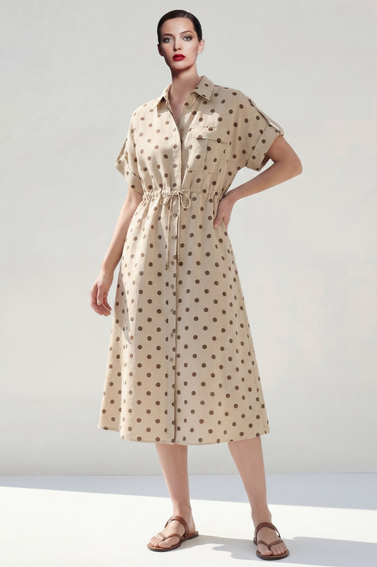 Khaki Polka Dots Short Sleeves Single Breasted Work Dress