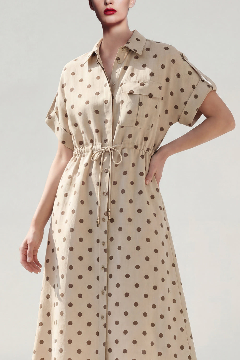 Khaki Polka Dots Short Sleeves Single Breasted Work Dress
