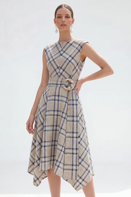 Grey Grid Bateau Neck Cap Sleeves Asymmetrical Work Dress with Belt