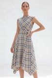 Grey Grid Bateau Neck Cap Sleeves Asymmetrical Work Dress with Belt