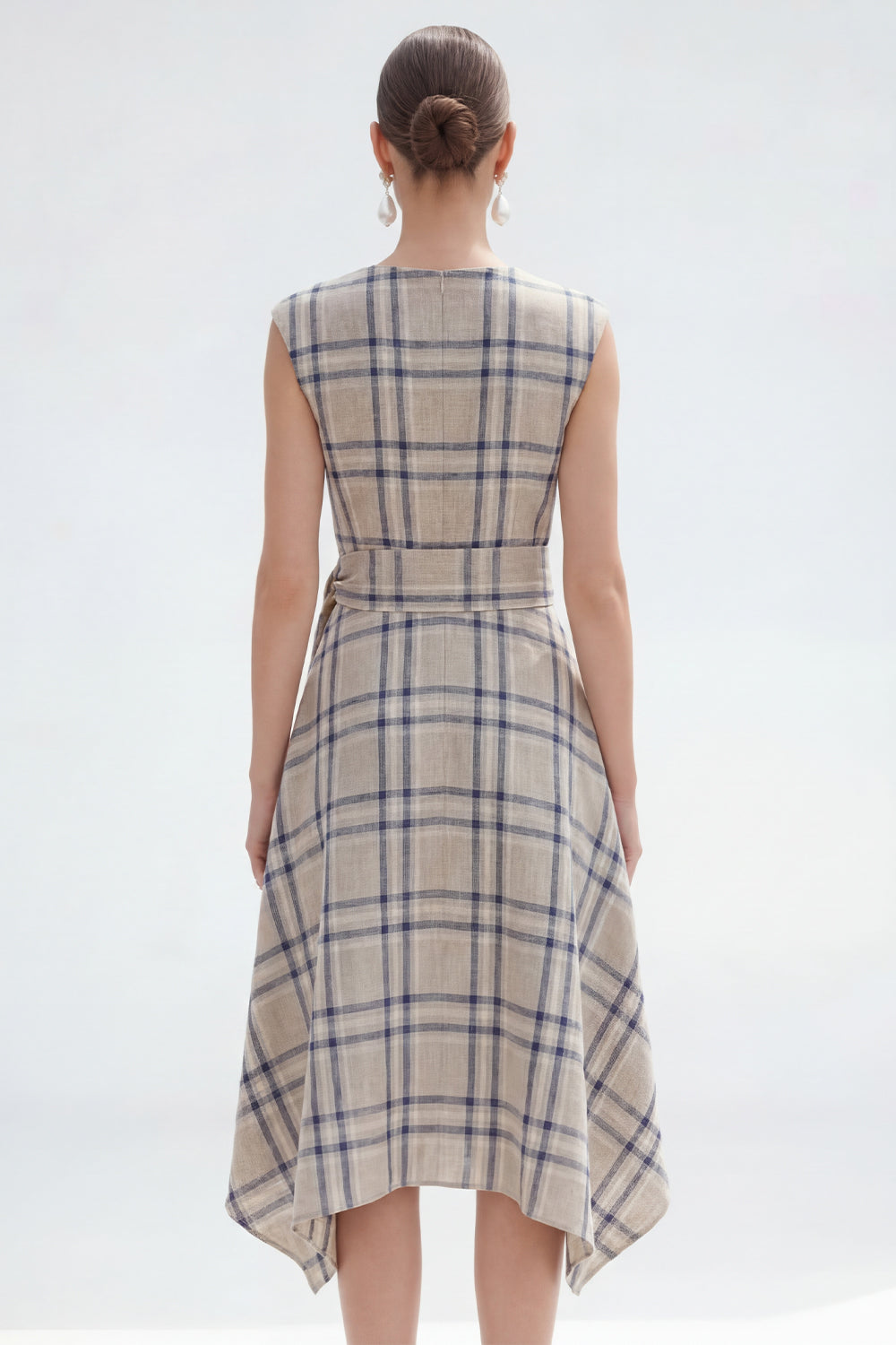 Grey Grid Bateau Neck Cap Sleeves Asymmetrical Work Dress with Belt
