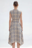 Grey Grid Bateau Neck Cap Sleeves Asymmetrical Work Dress with Belt