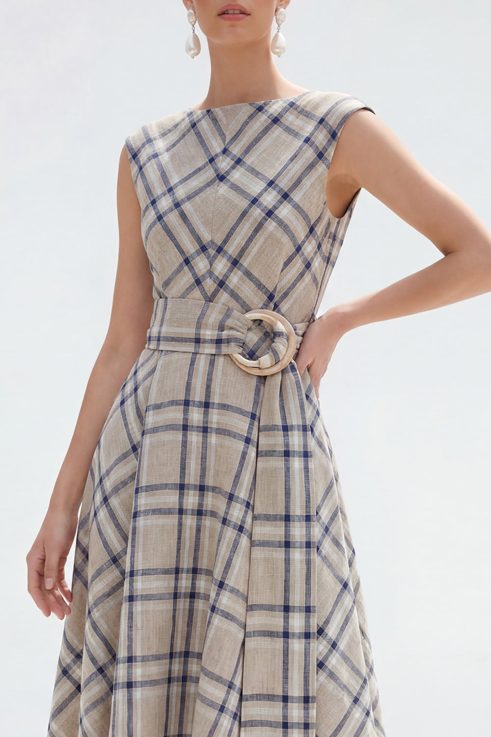 Grey Grid Bateau Neck Cap Sleeves Asymmetrical Work Dress with Belt