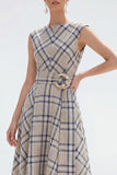 Grey Grid Bateau Neck Cap Sleeves Asymmetrical Work Dress with Belt