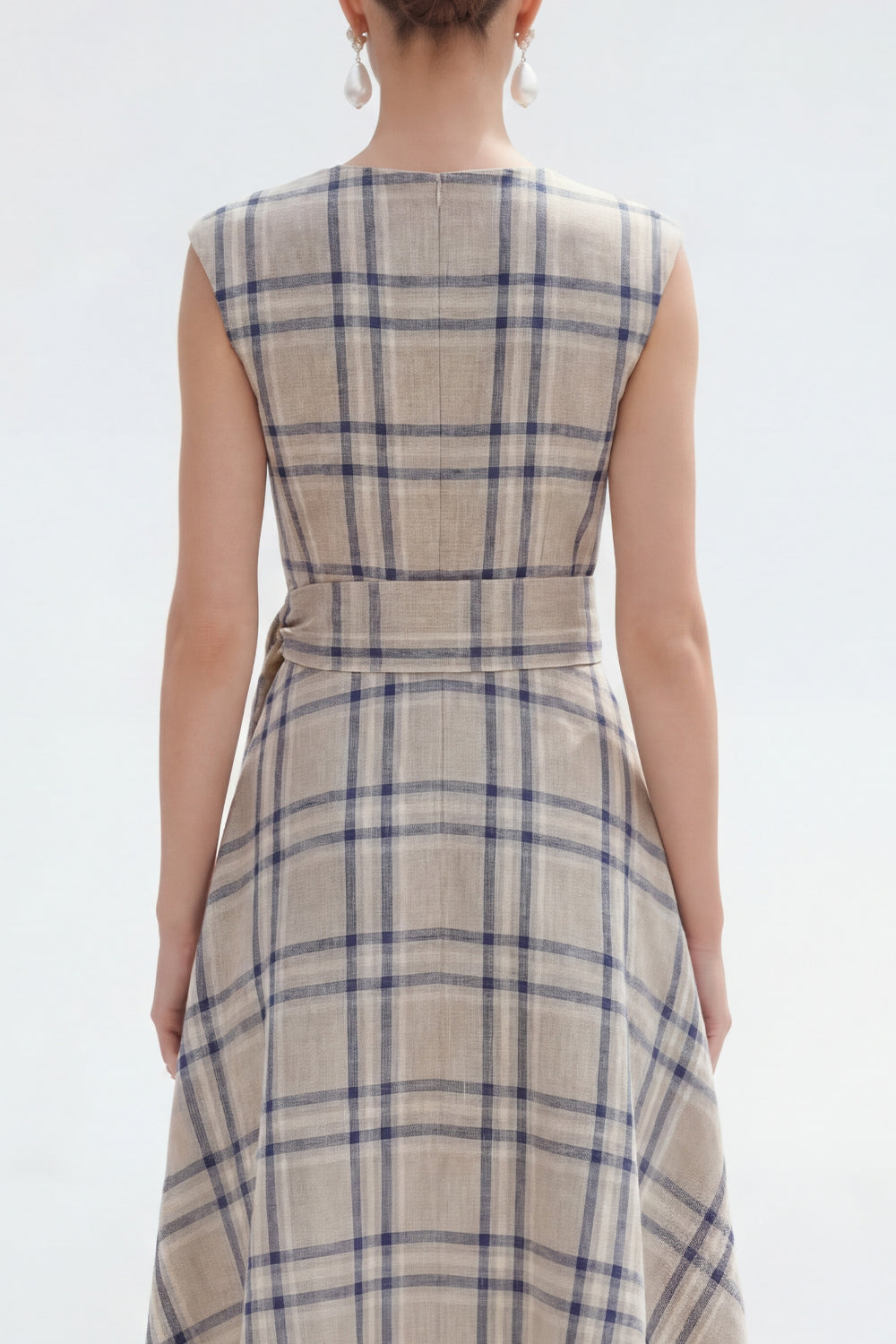Grey Grid Bateau Neck Cap Sleeves Asymmetrical Work Dress with Belt