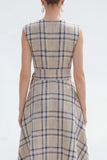 Grey Grid Bateau Neck Cap Sleeves Asymmetrical Work Dress with Belt