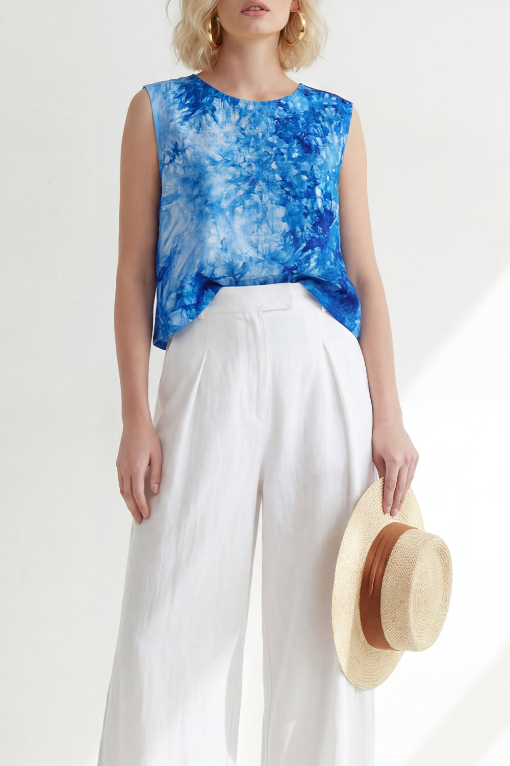 Round Neck Blue Printed 2 Piece Wide Leg Business Suits