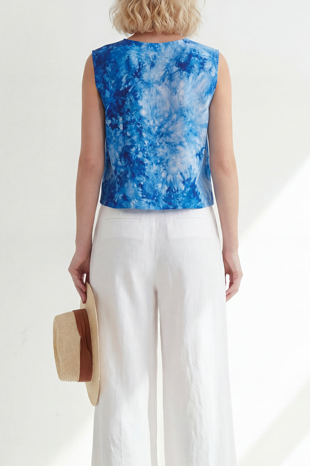 Round Neck Blue Printed 2 Piece Wide Leg Business Suits