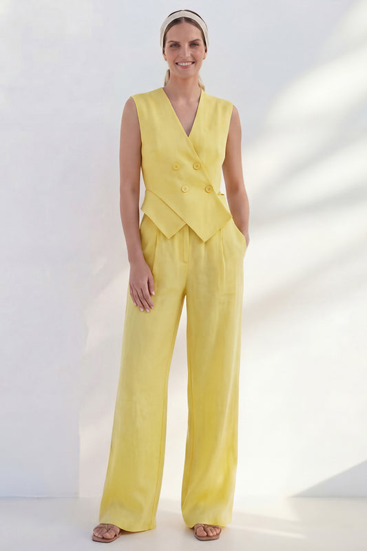 Butter Yellow 2 Piece Shawl Lapel Double Breasted Business Suits with Pockets