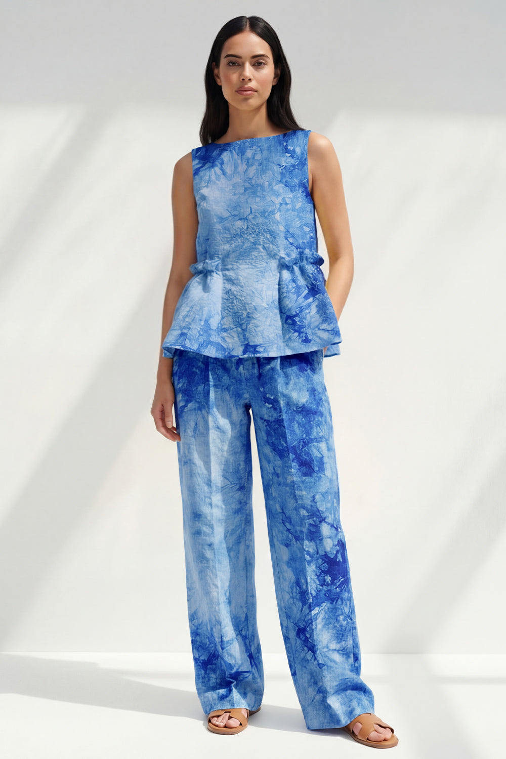 Bateau Neck Blue 2 Piece Ruffled Printed Business Suits with Pockets