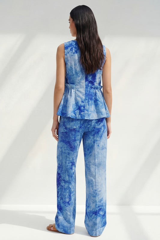 Bateau Neck Blue 2 Piece Ruffled Printed Business Suits with Pockets
