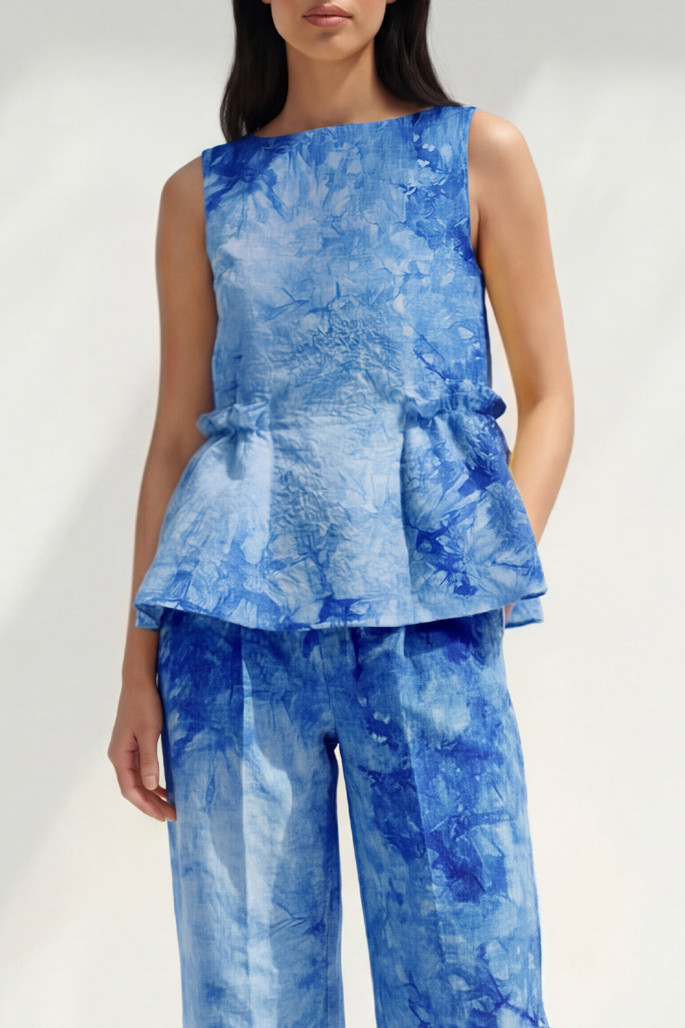 Bateau Neck Blue 2 Piece Ruffled Printed Business Suits with Pockets