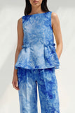 Bateau Neck Blue 2 Piece Ruffled Printed Business Suits with Pockets