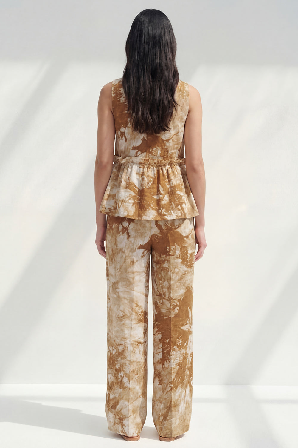 Bateau Neck Blue 2 Piece Ruffled Printed Business Suits with Pockets
