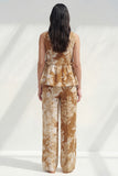 Bateau Neck Blue 2 Piece Ruffled Printed Business Suits with Pockets