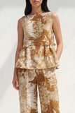 Bateau Neck Blue 2 Piece Ruffled Printed Business Suits with Pockets