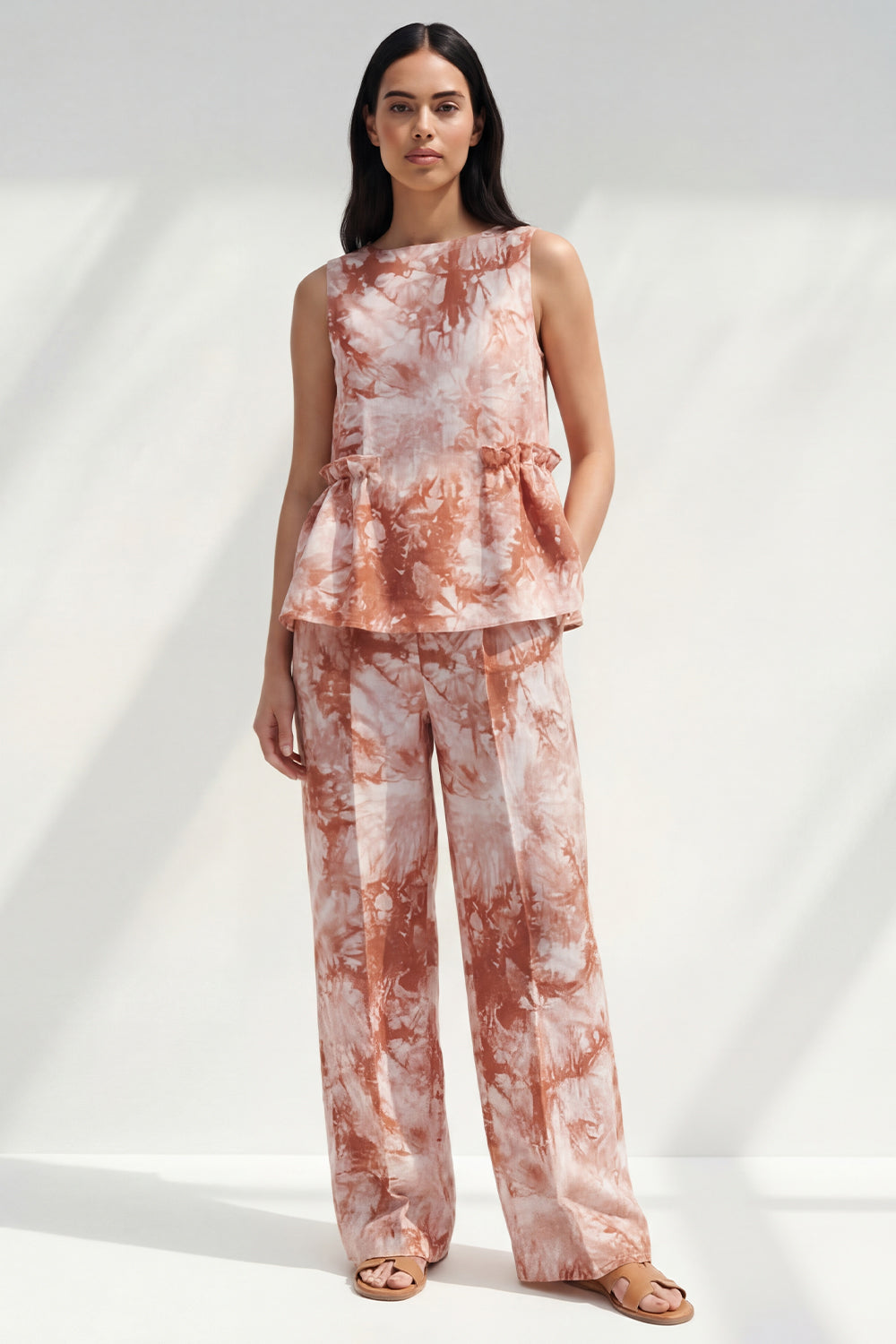Bateau Neck Blue 2 Piece Ruffled Printed Business Suits with Pockets