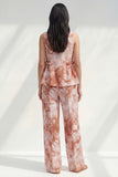 Bateau Neck Blue 2 Piece Ruffled Printed Business Suits with Pockets