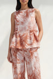 Bateau Neck Blue 2 Piece Ruffled Printed Business Suits with Pockets