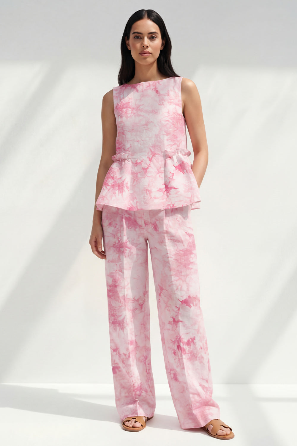 Bateau Neck Blue 2 Piece Ruffled Printed Business Suits with Pockets