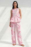 Bateau Neck Blue 2 Piece Ruffled Printed Business Suits with Pockets