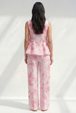 Bateau Neck Blue 2 Piece Ruffled Printed Business Suits with Pockets