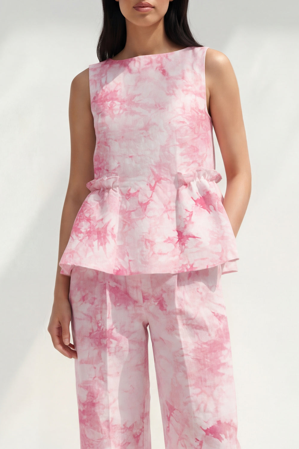 Bateau Neck Blue 2 Piece Ruffled Printed Business Suits with Pockets