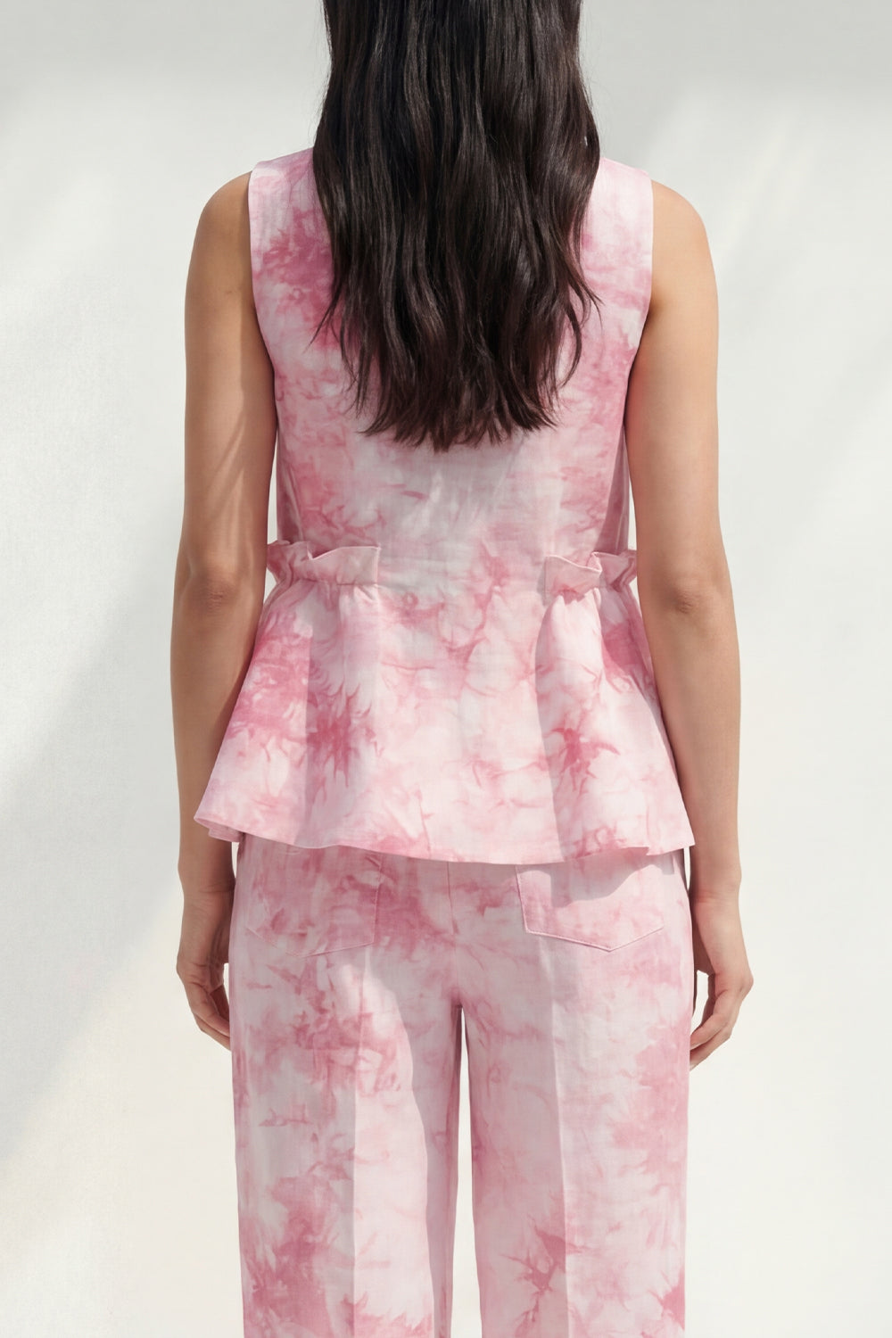 Bateau Neck Blue 2 Piece Ruffled Printed Business Suits with Pockets