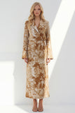 Notched Lapel Brown Long Sleeves 2 Piece Printed Business Suits with Back Slit