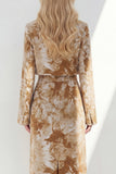 Notched Lapel Brown Long Sleeves 2 Piece Printed Business Suits with Back Slit