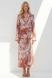 Notched Lapel Brown Long Sleeves 2 Piece Printed Business Suits with Back Slit