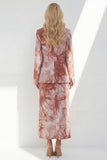 Notched Lapel Brown Long Sleeves 2 Piece Printed Business Suits with Back Slit