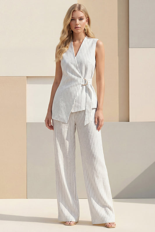 White Shawl Lapel 2 Piece Striped Wide Leg Business Suits with Sash