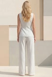 White Shawl Lapel 2 Piece Striped Wide Leg Business Suits with Sash
