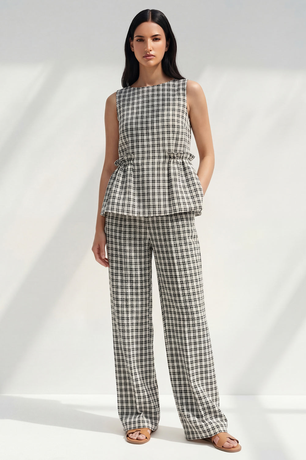 Black and White Grid Boat Neck 2 Piece Ruffled Striped Slim Fit Business Suits