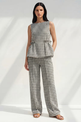 Black and White Grid Boat Neck 2 Piece Ruffled Striped Slim Fit Business Suits