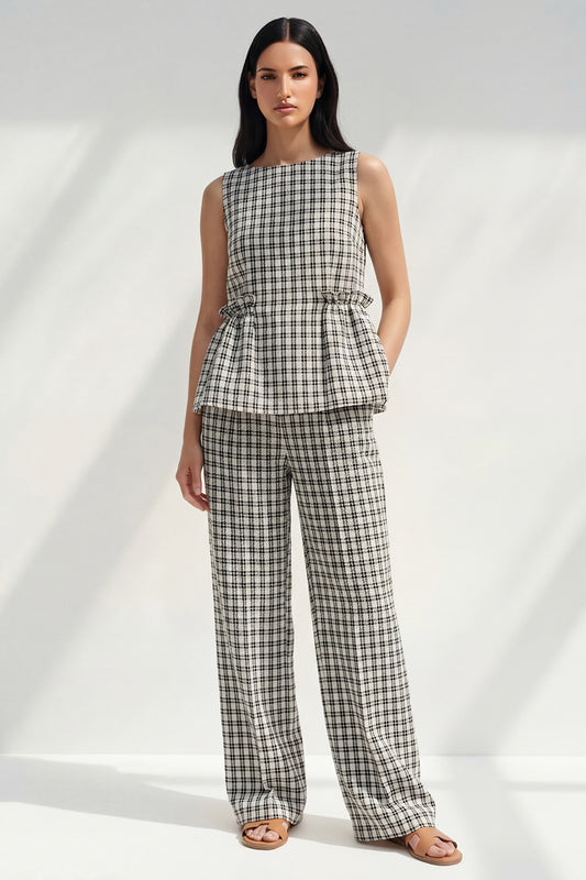 Black and White Grid Boat Neck 2 Piece Ruffled Striped Slim Fit Business Suits