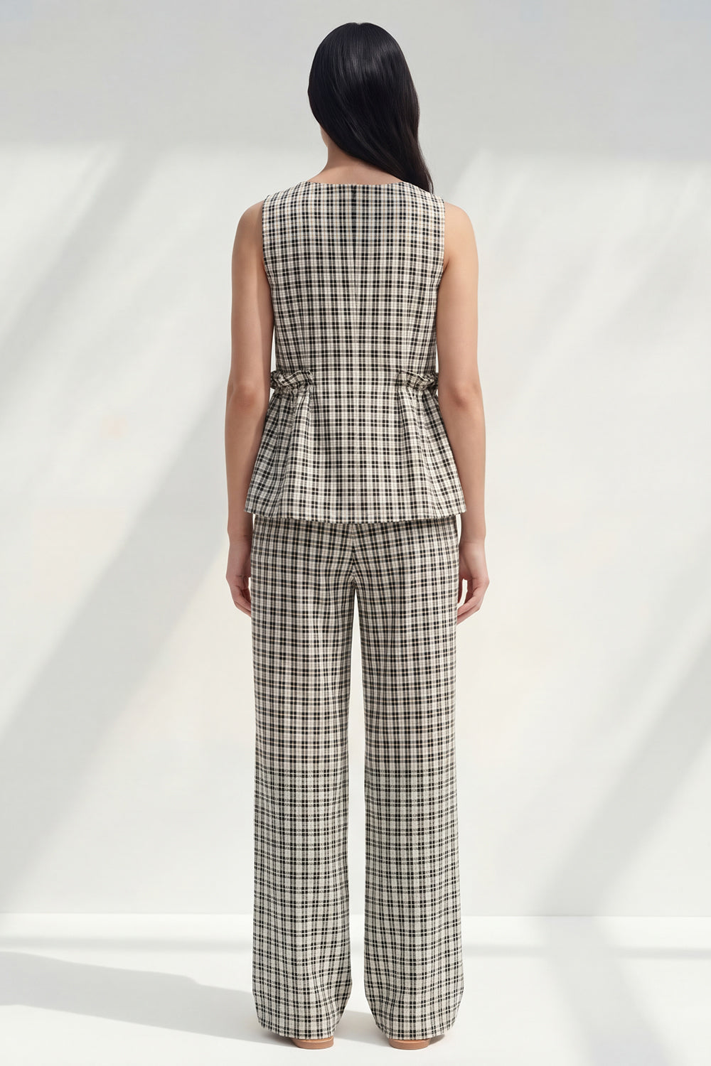 Black and White Grid Boat Neck 2 Piece Ruffled Striped Slim Fit Business Suits