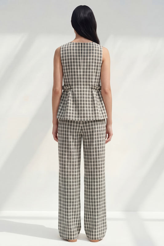 Black and White Grid Boat Neck 2 Piece Ruffled Striped Slim Fit Business Suits