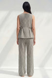 Black and White Grid Boat Neck 2 Piece Ruffled Striped Slim Fit Business Suits
