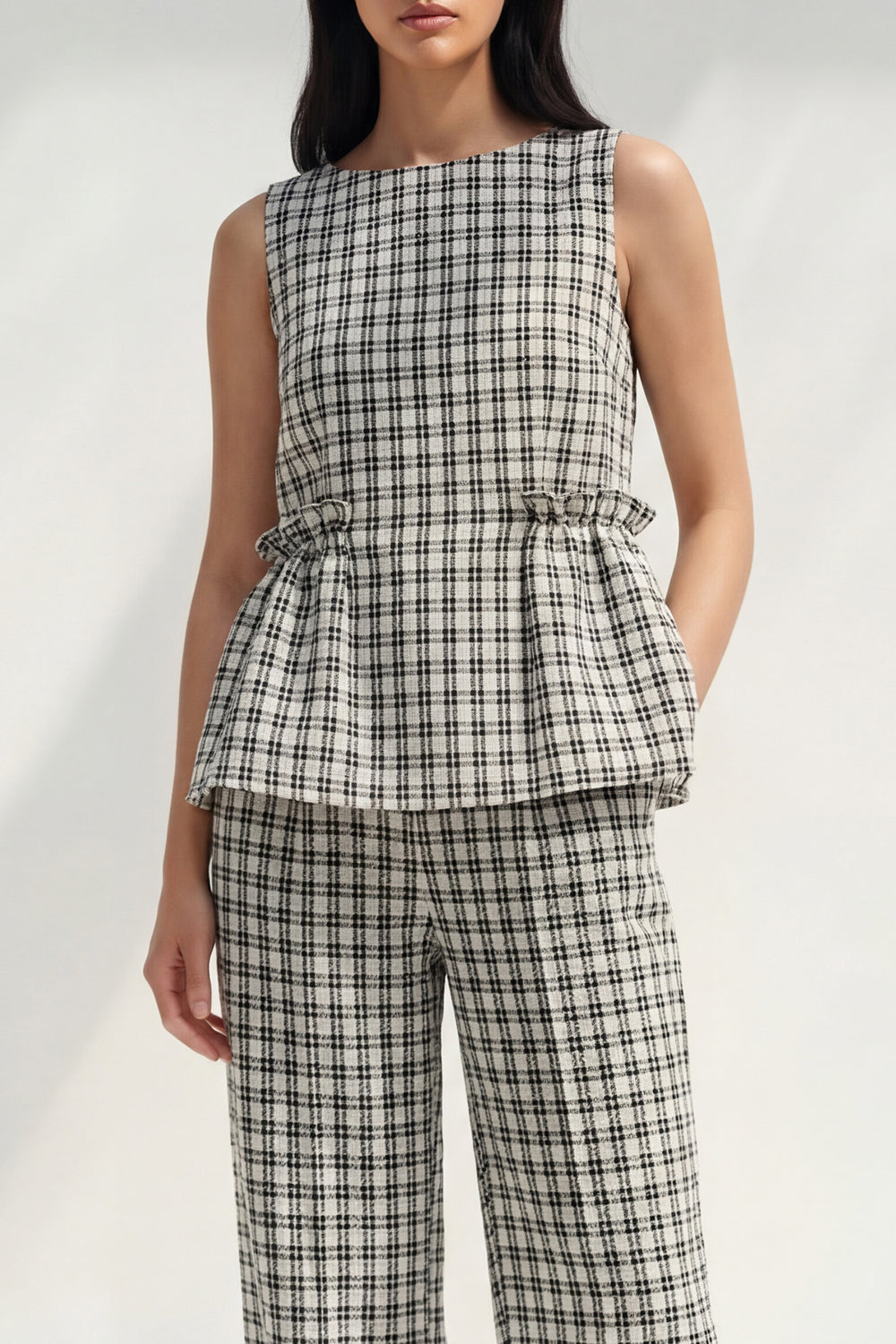 Black and White Grid Boat Neck 2 Piece Ruffled Striped Slim Fit Business Suits