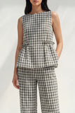 Black and White Grid Boat Neck 2 Piece Ruffled Striped Slim Fit Business Suits