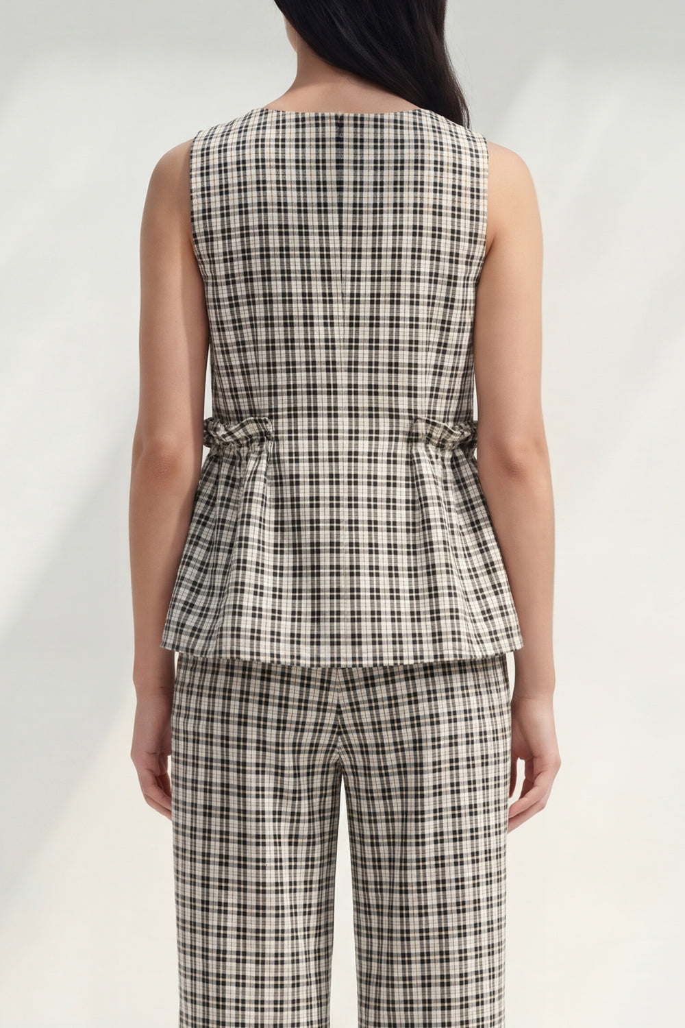 Black and White Grid Boat Neck 2 Piece Ruffled Striped Slim Fit Business Suits