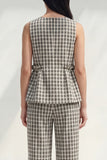 Black and White Grid Boat Neck 2 Piece Ruffled Striped Slim Fit Business Suits