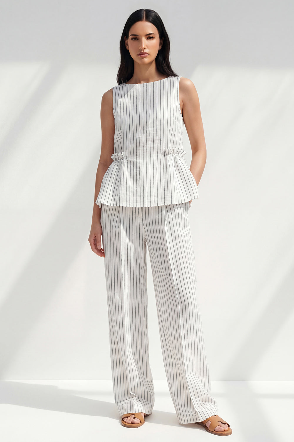 2 Piece Ruffled White Boat Neck Striped Slim Fit Business Suits