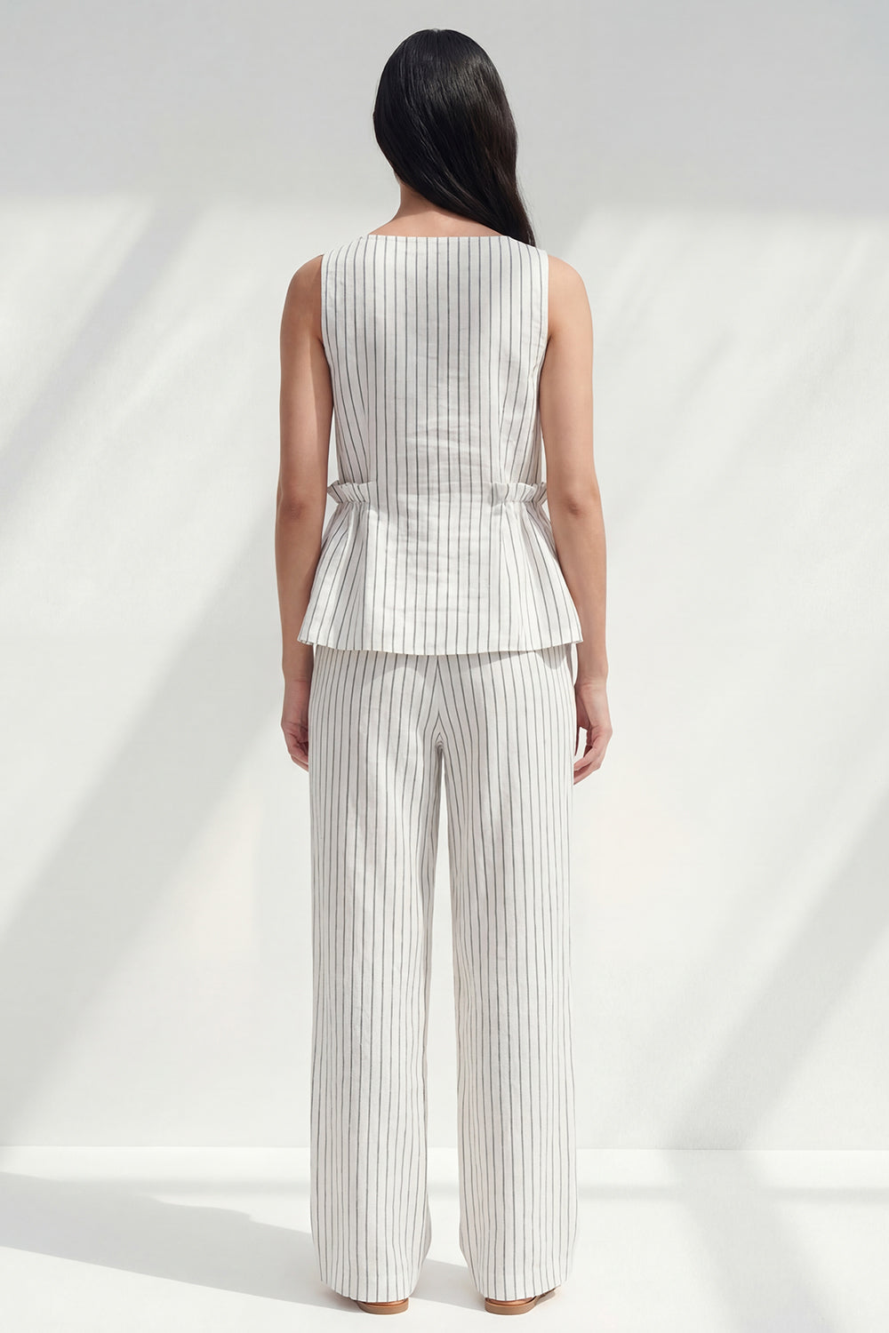 2 Piece Ruffled White Boat Neck Striped Slim Fit Business Suits