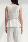 2 Piece Ruffled White Boat Neck Striped Slim Fit Business Suits